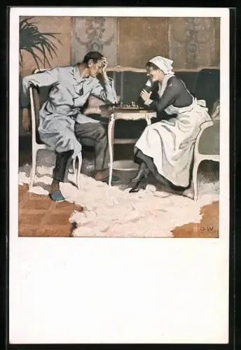 Künstler-AK Brynolf Wennerberg: Rot-Kreuz-Schwester und Patient spielen Schach im Lazarett