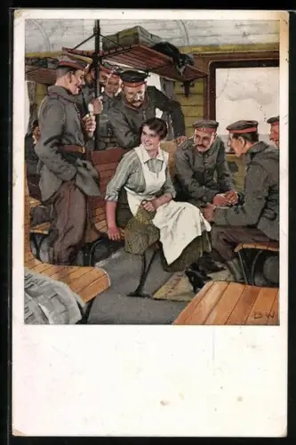 Künstler-AK Brynolf Wennerberg: Urlaubsfahrt, Soldaten mit hübscher Dienstmagd im Zugabteil