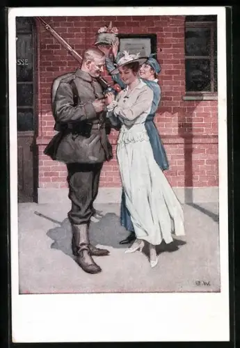 Künstler-AK Brynolf Wennerberg: Zwei junge Damen begutachten die Ausrüstung eines Soldaten