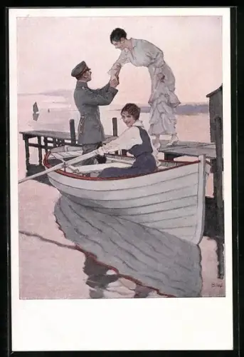 Künstler-AK Brynolf Wennerberg: Soldat mit Frauen steigen in ein Boot
