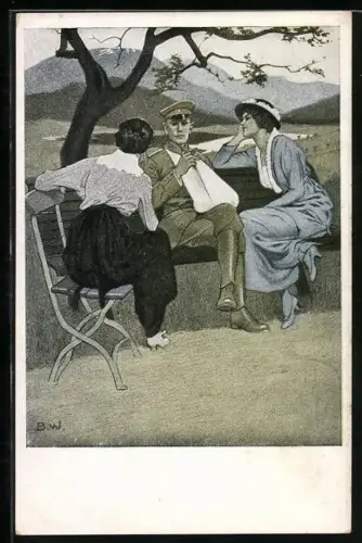 Künstler-AK Brynolf Wennerberg: Soldat mit Frauen auf der Gartenbank