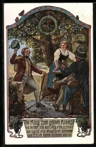 AK Im Krug zum grünen Kranze, junger Wanderer bestellt ein Glas Wein bei der Kellnerin