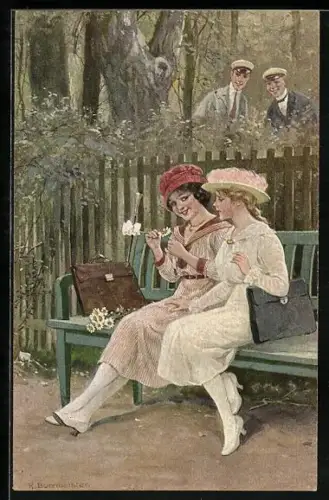 Künstler-AK R.Borrmeister: Studenten beobachten zwei hübsche Mädchen auf einer Park