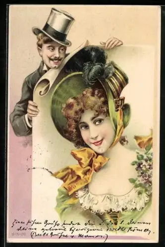 AK Herr hält Bild von einer jungen Dame, Biedermeier