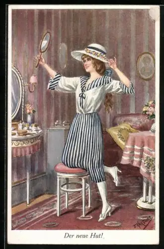 Künstler-AK Friedrich Kaskeline: Der neue Hut!, Fräulein mit Handspiegel
