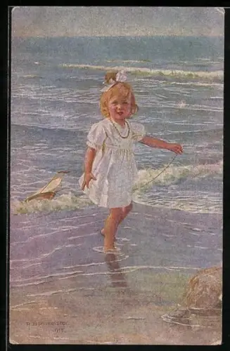 Künstler-AK R.Borrmeister: Elschen, Mädchen mit Segelboot am Meer