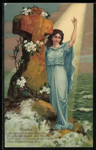 Lithographie Allegorie Glaube, Maria am Steinkreuz vor dem Meer