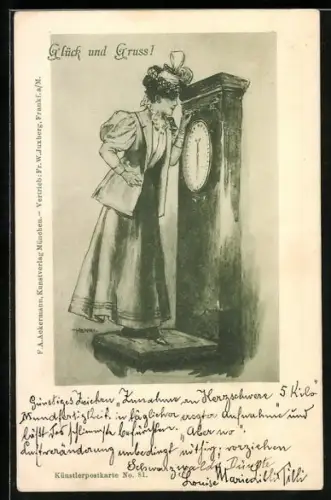 AK Elegante Frau auf einer Waage