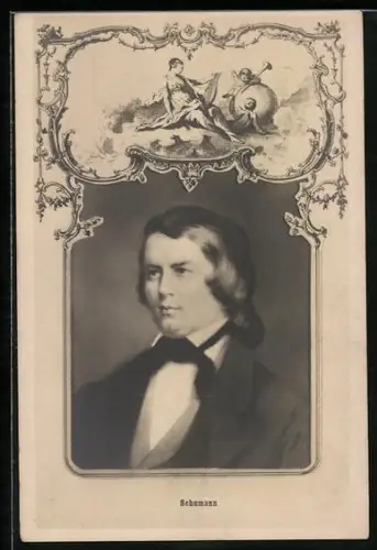 AK Portrait Schumann im Anzug, Frau mit Laute u. Engel mit Fanfare