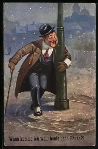 Künstler-AK Ernst Schlemo: Wann komme ich wohl heute nach Hause?!, Betrunkener lehnt an Laternenpfahl