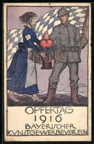 Künstler-AK Richard Klein: Opfertag 1916, Frau opfert ein Herz einem Soldat, er hält eine Flagge, Rotes Kreuz