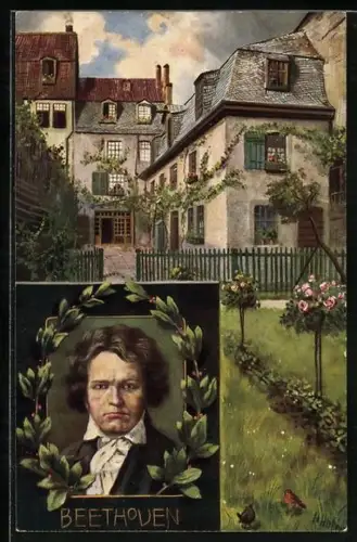 Künstler-AK Bonn, Beethovenhaus und Portrait