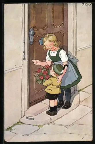 Künstler-AK P. O. Engelhard (P.O.E.): Junge Frau mit Jungen vor der Tür