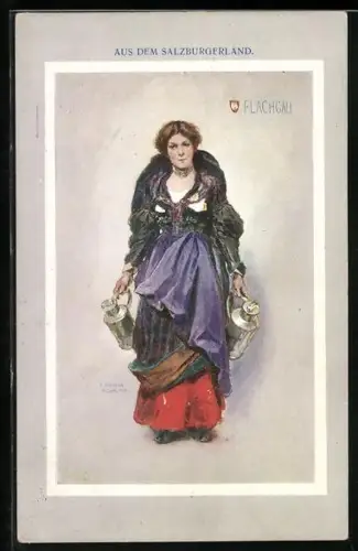Künstler-AK Salzburg, Dame in Tracht mit Kannen, Flachgau