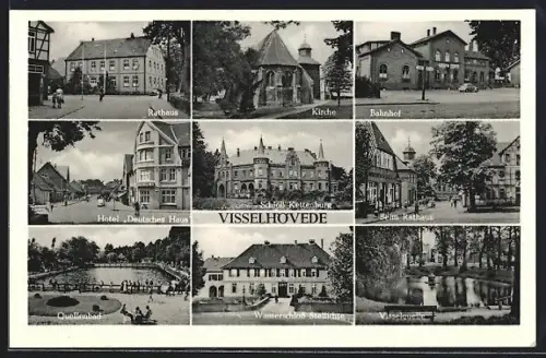 AK Visselhövede, Bahnhof, Hotel Deutsches Haus, Rathaus, Kirche