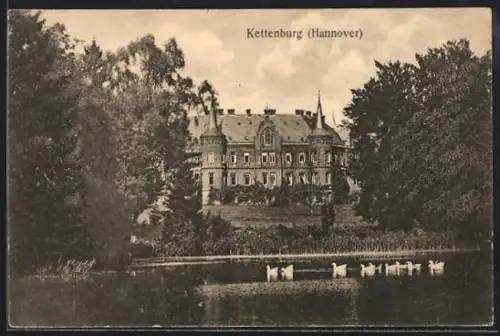 AK Kettenburg /Hannover, Schloss Kettenburg, Schwäne auf dem Teich