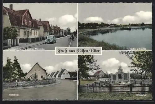 AK Hülsen /Aller, Gemischtwaren v. Kaspar Meinecke, Partie a. d. Aller, Ratstrasse, Ehrenmal