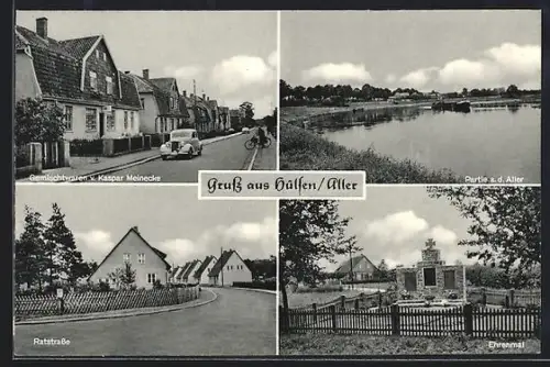 AK Hülsen /Aller, Gemischtwaren v. Kaspar Meinecke, Partie a. d. Aller, Ehrenmal, Ratstrasse