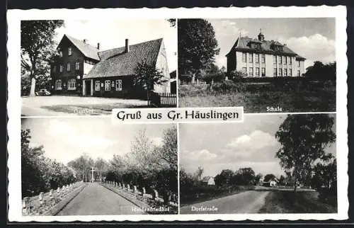 AK Gr. Häuslingen /Fallingbostel, Gasthof Werner Meins, Schule, Heldenfriedhof, Dorfstrasse