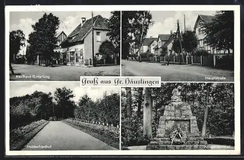 AK Gr. Häuslingen, Kaufhaus R. Hartung, Hauptstrasse, Heidenfriedhof, Kriegerdenkmal