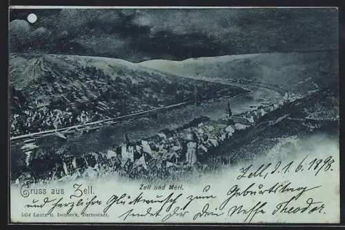 Mondschein-AK Zell / Mosel, Ortsansicht im Vollmondlicht