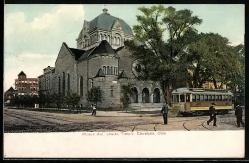 AK Cleveland, OH, Wilson Avenue, Jewish Temple, Strassenbahn