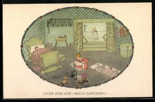 Künstler-AK Mela Köhler unsign.: Müde sind wir - geh`n zur Ruh`, Mädchen bettet ihre Puppen