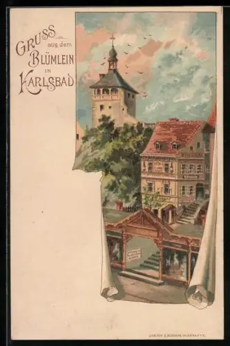 Lithographie Karlsbad, Blick auf das Gasthaus Blümlein