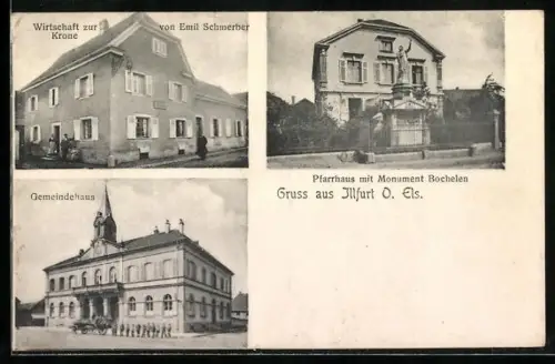 AK Illfurt /O. Els., Gasthaus zur Krone von Emil Schmerber, Pfarrhaus mit Monument Bochelen, Gemeindehaus