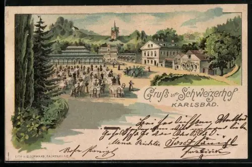 Lithographie Karlsbad, Gasthaus Schweizerhof