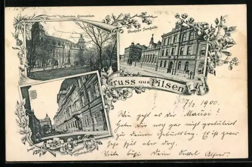 AK Pilsen, Deutsches Gymnasium, Theatergasse mit Deutschem Theater, Deutsche Turnhalle