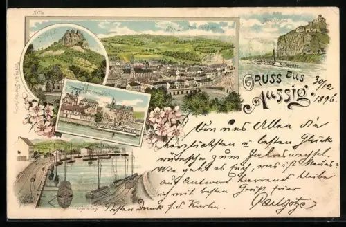 Lithographie Aussig / Usti, Panorama v. d. Ferdinandshöhe, Hafen & Sperlingstein