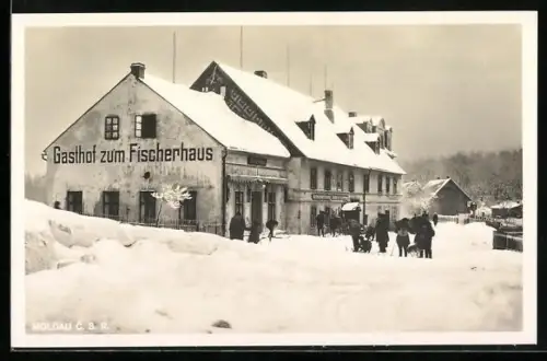 AK Moldau i. Erzgeb., Gasthof zum Fischerhaus im Schnee