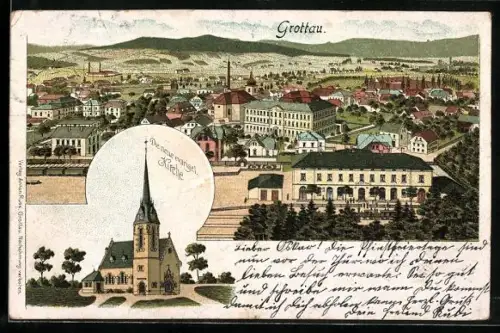 Lithographie Grottau, Neue evangel. Kirche, Ortsansicht aus der Vogelschau