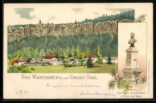 Lithographie Bad Wartenberg auf Gross-Skal, Ortsansicht mit den Felswänden, Denkmal von Mud. Ant. Schlechta