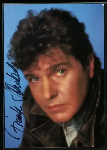 AK Musiker Frank Schöbel vor blauem Hintergrund, Autograph