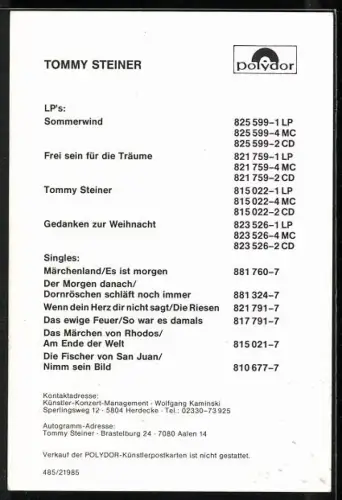 AK Musiker Tommy Steiner im Porträt, Autograph