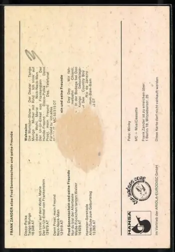 AK Musiker Frank Zander im Porträt, Autograph