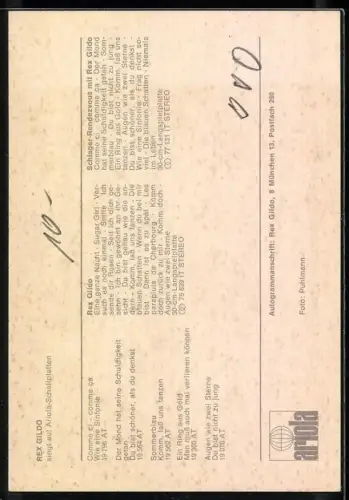 AK Musiker Rex Gildo vor lilanem Hintergrund, Autograph