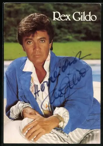 AK Musiker Rex Gildo in blauem Jackett, Autograph