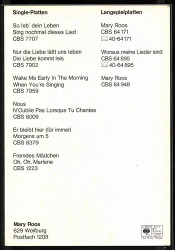 AK Musikerin Mary Roos mit Mütze, Autograph