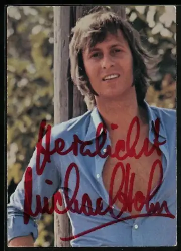 AK Musiker Michael Holm in blauem Hemd, Autograph
