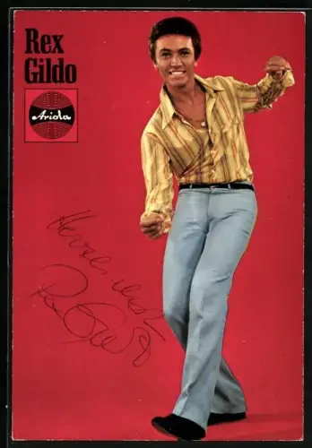 AK Musiker Rex Gildo in gestreiftem Hemd, Autograph