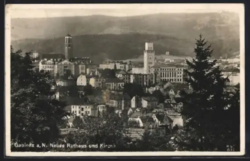 AK Gablonz a. N., Neues Rathaus und Kirche