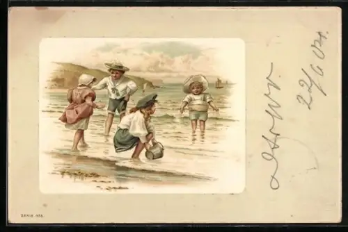 Künstler-AK Kinder in Badekleidung spielen am Strand in flachem Wasser