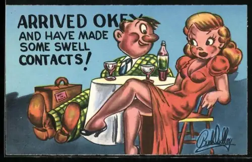 Künstler-AK Mann sitzt mit einer reizenden Blondine am Tisch, Erotik