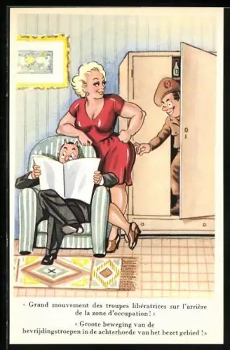 Künstler-AK Liebhaber einer Frau schaut aus dem Schrank heraus