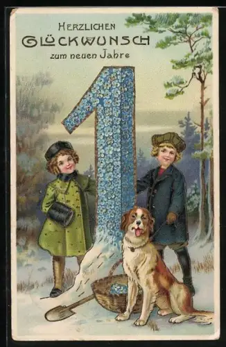 AK Neujahrsgruss, Kinder mit Hund stehen an einer Eins aus Vergissmeinnicht