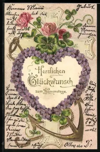 Präge-AK Herz aus Vergissmeinnicht und Anker, Glückwunsch zum Namenstag