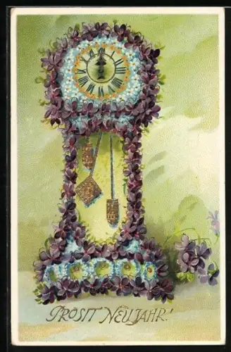 AK Neujahr, Blumenuhr zeigt 12 Uhr Nachts